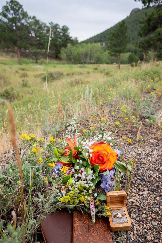 Last minute elopement in estes park, CO. Bouqquet, vows books and rings sit on the ground with wildflowers and mountain in the background.