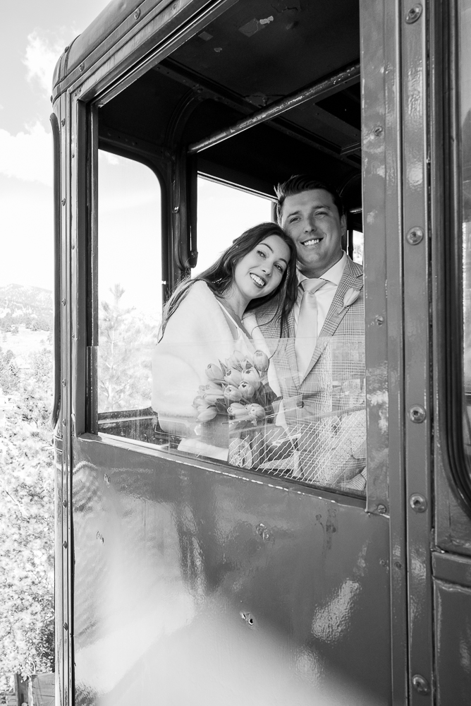 Couple take the estes park tram to the top of the mountain to exchange their vows.